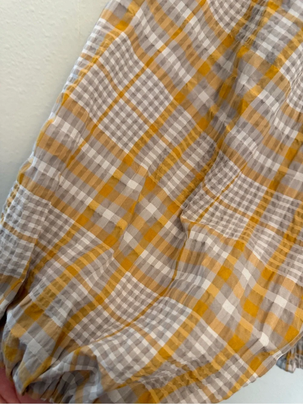 Anthropologie Mustard and Cream Plaid Puff-Sleeve Square-Neck Top